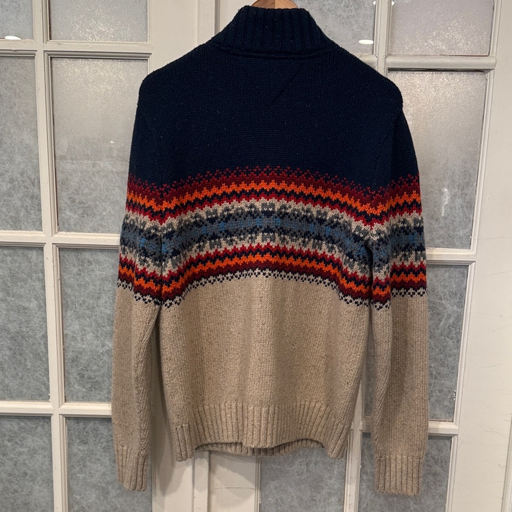 Tommy Hilfiger Wool Blend Navy and Beige Zip Up Pullover Sweater SzL - Picture 2 of 7